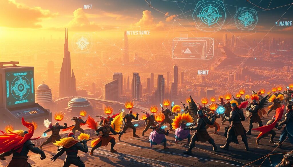 A sweeping, cinematic crypto gaming landscape unfolds before the viewer. In the foreground, a vibrant array of colorful NFT characters engage in dynamic gameplay, their expressive movements captured in a detailed, lifelike rendering. The midground features a futuristic city skyline, its towering buildings and holographic displays evoking the cutting-edge technology of the decentralized gaming world. The background showcases a vast, ethereal expanse of blockchain-inspired geometric patterns and glowing data streams, bathed in a warm, atmospheric lighting that lends an air of wonder and mystery to the scene. The overall composition conveys a sense of immersion, innovation, and the boundless potential of the crypto gaming frontier.
