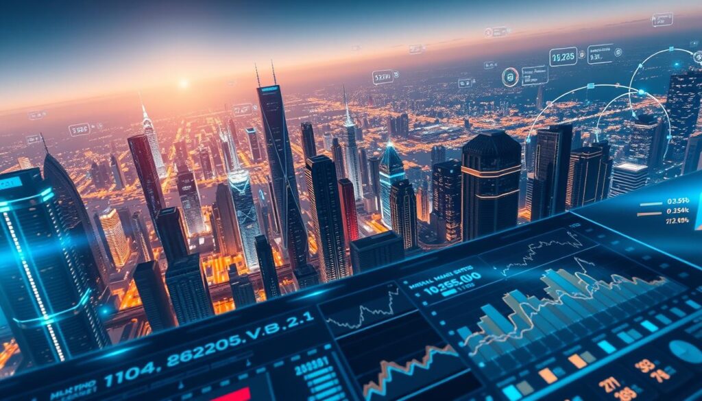 A sweeping, high-altitude view of a virtual cityscape, with soaring skyscrapers and sleek, futuristic architecture. The skyline is punctuated by holographic displays and data visualizations, pulsing with real-time market information. In the foreground, a stylized dashboard with interactive charts and graphs, depicting the ebb and flow of the virtual real estate market. The scene is bathed in a cool, otherworldly glow, with subtle lens flares and depth-of-field effects, creating a sense of technological sophistication. The overall mood is one of dynamism, innovation, and the boundless potential of the metaverse.