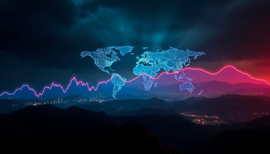 A sweeping visualization of the cryptocurrency market cycles, captured through a cinematic lens. In the foreground, a dynamic line graph depicting the rises and falls of major digital assets, rendered in vibrant hues. In the middle ground, a world map showcases the global impact of these cycles, with pulsing nodes representing key financial hubs. The background is a moody, atmospheric landscape, illuminated by the glow of futuristic data visualizations and technological elements, conveying the profound influence of these market cycles on the digital economy. Lighting is dramatic, with sharp contrasts and a sense of depth, creating a captivating and informative representation of the ebb and flow of the cryptocurrency landscape.