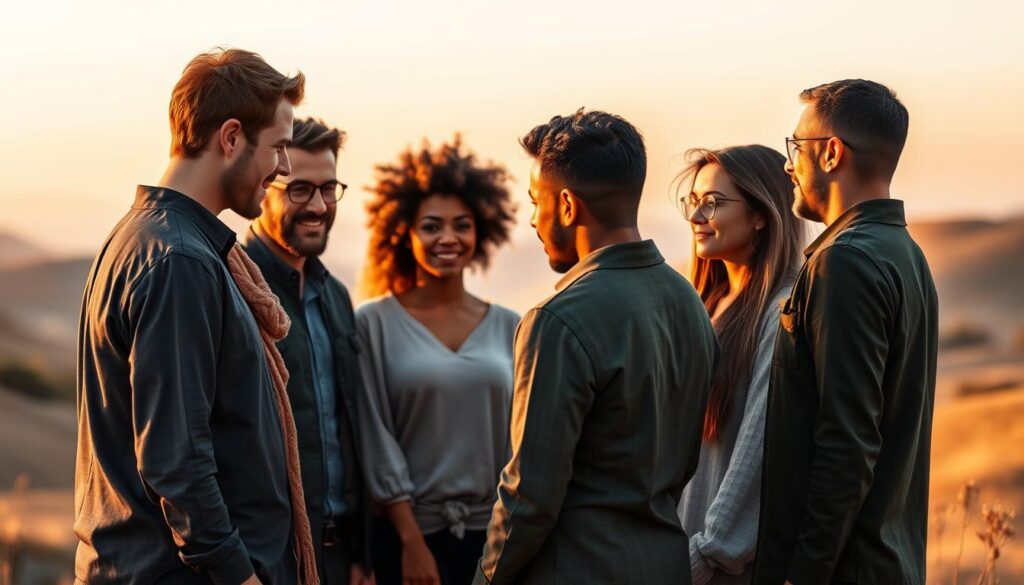 A team of diverse individuals, standing in a circle, facing each other with an air of collaboration and alignment. Warm lighting illuminates their faces, conveying a sense of trust and camaraderie. The background is a serene, minimalist landscape, allowing the focus to remain on the team's cohesion. The figures are rendered with a sophisticated, photorealistic style, capturing the nuances of their expressions and body language. The overall scene reflects a harmonious, long-term commitment to a shared vision.
