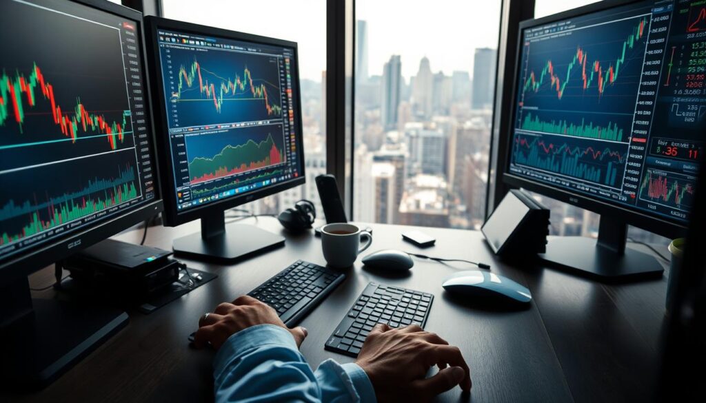 A technical analyst's desk, illuminated by the soft glow of multiple computer monitors displaying financial charts and graphs. In the foreground, a pair of hands carefully analyze volume patterns and candlestick formations, integrating the insights to discern market sentiment. The middle ground features a neatly organized workspace, with a keyboard, mouse, and a cup of coffee nearby. In the background, the cityscape outside the window suggests the fast-paced world of financial markets. The scene conveys a sense of focus, diligence, and the pursuit of market intelligence through the lens of technical analysis and volume studies. A technical analyst's desk, illuminated by the soft glow of multiple computer monitors displaying financial charts and graphs. In the foreground, a pair of hands carefully analyze volume patterns and candlestick formations, integrating the insights to discern market sentiment. The middle ground features a neatly organized workspace, with a keyboard, mouse, and a cup of coffee nearby. In the background, the cityscape outside the window suggests the fast-paced world of financial markets. The scene conveys a sense of focus, diligence, and the pursuit of market intelligence through the lens of technical analysis and volume studies.