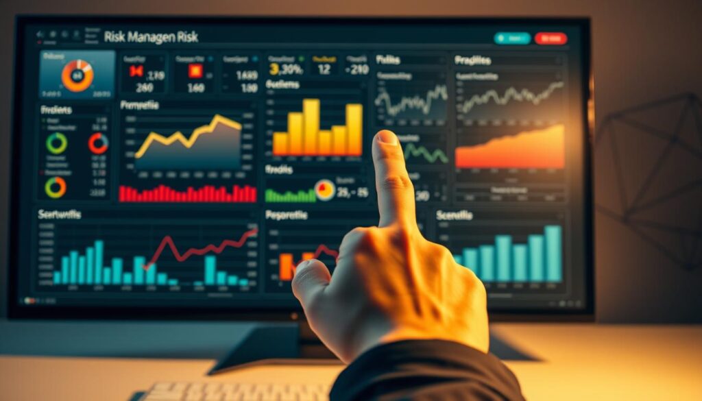 A thoughtful and methodical risk management analysis, showcased in a sleek, minimalist setting. A meticulously designed dashboard displays a variety of data visualizations, from risk heat maps to portfolio stress-testing scenarios. The scene is bathed in a warm, muted lighting, creating a sense of focus and deliberation. In the foreground, a well-manicured hand gestures towards the screen, guiding the viewer's attention to the key insights. The background features a subtle geometric pattern, hinting at the underlying mathematical models powering the analysis. The overall atmosphere conveys a sense of confidence, control, and a commitment to prudent decision-making.