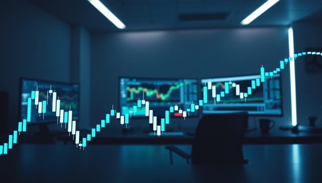 A trading volume analysis chart set against a dimly lit, modern trading desk. In the foreground, a crisp candlestick chart with clear volume bars, depicting the ebb and flow of BTC trading activity. In the middle ground, an array of trading monitors displaying relevant market data and technical indicators. The background features a sleek, minimalist office environment with subtle lighting, creating a sense of focus and analytical precision. The overall scene conveys a sophisticated, data-driven approach to interpreting market trends and identifying potential trading signals. A trading volume analysis chart set against a dimly lit, modern trading desk. In the foreground, a crisp candlestick chart with clear volume bars, depicting the ebb and flow of BTC trading activity. In the middle ground, an array of trading monitors displaying relevant market data and technical indicators. The background features a sleek, minimalist office environment with subtle lighting, creating a sense of focus and analytical precision. The overall scene conveys a sophisticated, data-driven approach to interpreting market trends and identifying potential trading signals.