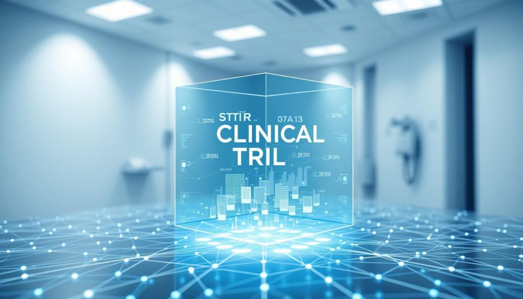 A transparent cube-shaped structure, representing a clinical trial, sits atop a blockchain network visualization. Inside the cube, holographic data flows, visualizing the transparency and real-time tracking of trial progress. The background features a clean, minimalist medical setting, with soft lighting and a sense of clinical precision. The overall mood is one of innovation, trust, and the seamless integration of blockchain technology into the healthcare industry.