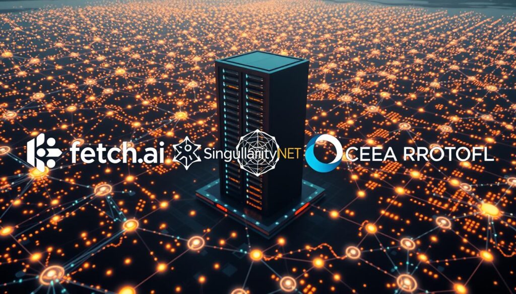 A vast and intricate data sharing network, with nodes representing various AI projects, connected by gleaming data streams. In the foreground, the logos of Fetch.ai, SingularityNET, and Ocean Protocol intertwine, symbolizing their alliance. Towering in the middle ground, a futuristic data center hums with activity, its servers processing the flow of information. In the background, a vast landscape of interconnected data nodes stretches out, bathed in a warm, futuristic glow. The scene conveys a sense of collaboration, innovation, and the convergence of artificial intelligence and decentralized technology.