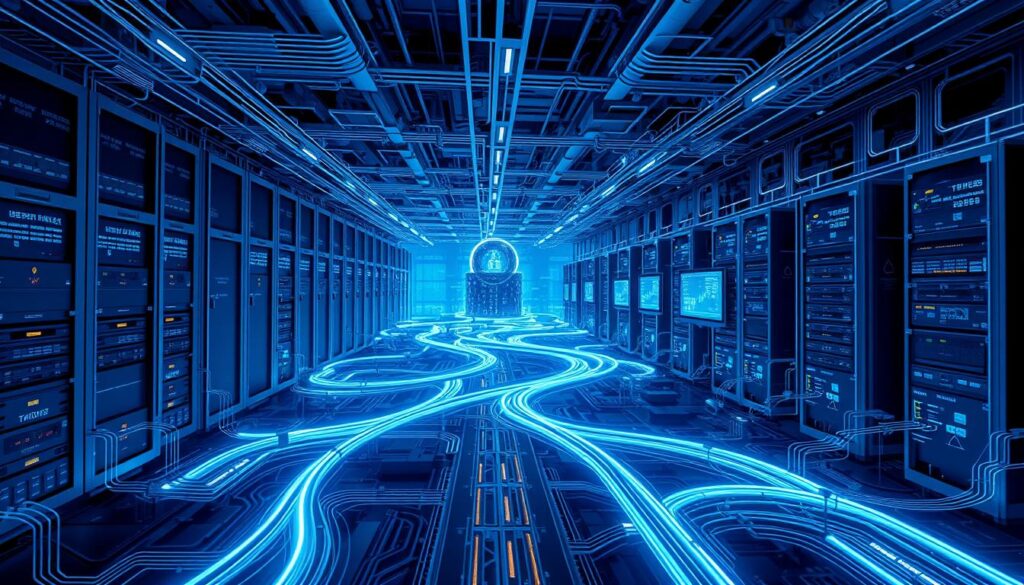 A vast and intricate network of interconnected devices, servers, and security protocols stand vigilant against digital threats. Glowing cables wind through a labyrinth of futuristic hardware, guarded by towering data centers and sleek monitoring stations. Holographic displays project real-time threat analyses, while advanced cryptographic algorithms safeguard sensitive information. The scene is bathed in a cool, bluish light, conveying a sense of technological sophistication and unwavering protection. Sleek, angular forms and clean, minimalist design evoke a secure, impenetrable fortress against the ever-evolving landscape of cyber attacks. A vast and intricate network of interconnected devices, servers, and security protocols stand vigilant against digital threats. Glowing cables wind through a labyrinth of futuristic hardware, guarded by towering data centers and sleek monitoring stations. Holographic displays project real-time threat analyses, while advanced cryptographic algorithms safeguard sensitive information. The scene is bathed in a cool, bluish light, conveying a sense of technological sophistication and unwavering protection. Sleek, angular forms and clean, minimalist design evoke a secure, impenetrable fortress against the ever-evolving landscape of cyber attacks.