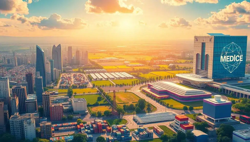 A vast array of real-world blockchain applications unfold across a dynamic landscape. In the foreground, a bustling city skyline showcases blockchain-powered smart contracts streamlining supply chains and financial transactions. In the middle ground, a lush countryside dotted with renewable energy farms utilizes blockchain to securely manage the green energy grid. In the background, a sleek, futuristic medical facility represents blockchain-enabled electronic health records and secure data sharing. Vibrant colors, clean lines, and a sense of technological progress permeate the scene, illuminated by warm, diffused lighting that casts a hopeful glow. This image captures the breadth and transformative potential of blockchain technology as it shapes industries, improves efficiencies, and enhances lives.