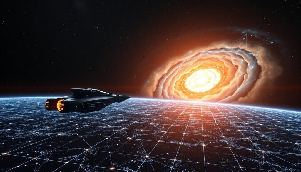 A vast cosmic canvas, with a shimmering quantum blockchain grid stretching across the dark expanse of space. In the foreground, a sleek, futuristic mining spacecraft hovers, its elegant design harnessing the power of blockchain technology to extract valuable resources from distant asteroids. The middle ground is dominated by a luminous, holographic display, projecting intricate security protocols and algorithms that safeguard the blockchain network. In the background, a swirling nebula of vibrant colors and cascading energy, symbolizing the boundless potential of blockchain's sustainable future. Brilliant lighting illuminates the scene, creating a sense of awe and wonder, as if glimpsing into a tomorrow where blockchain and space mining coexist in perfect harmony.