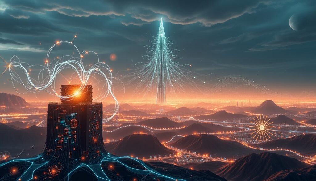 A vast, dynamic landscape depicting the evolution of blockchain and AI technologies. In the foreground, a sleek, futuristic blockchain node glows with an ethereal light, surrounded by swirling data streams and holographic interfaces. The middle ground features a towering AI neural network, its intricate architecture pulsing with algorithmic insights. In the background, a panoramic timeline unfolds, chronicling the pivotal advancements that have shaped the convergence of these transformative technologies. The scene is bathed in a warm, ambient lighting, conveying a sense of progress, innovation, and the endless possibilities that lie ahead. A vast, dynamic landscape depicting the evolution of blockchain and AI technologies. In the foreground, a sleek, futuristic blockchain node glows with an ethereal light, surrounded by swirling data streams and holographic interfaces. The middle ground features a towering AI neural network, its intricate architecture pulsing with algorithmic insights. In the background, a panoramic timeline unfolds, chronicling the pivotal advancements that have shaped the convergence of these transformative technologies. The scene is bathed in a warm, ambient lighting, conveying a sense of progress, innovation, and the endless possibilities that lie ahead.