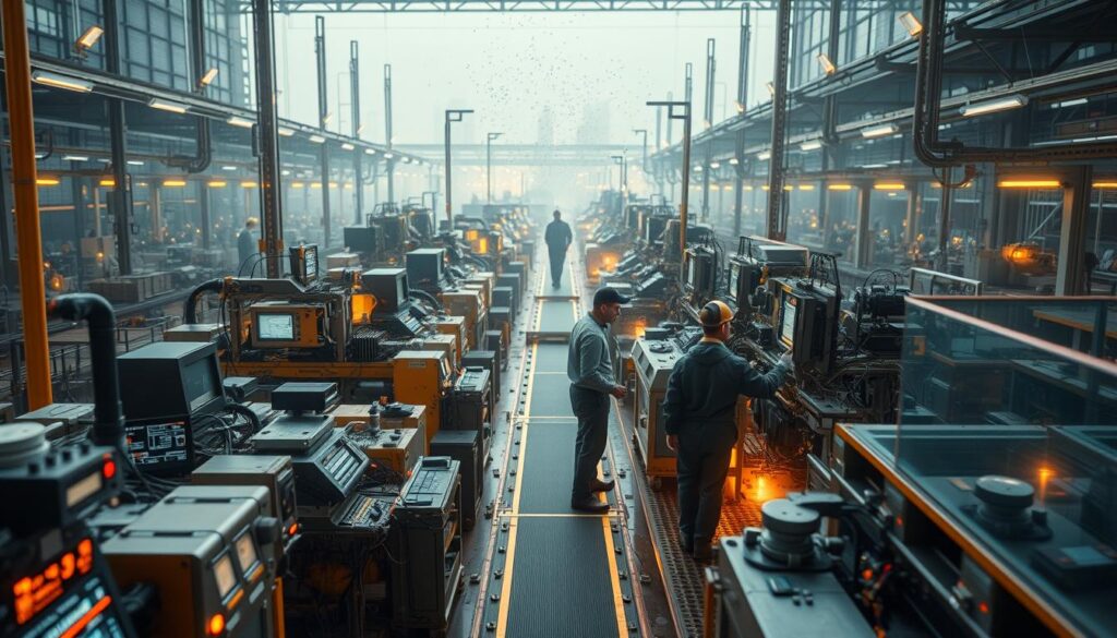 A vast factory floor buzzing with activity, illuminated by the warm glow of industrial lighting. In the foreground, a complex array of machinery and sensors monitor the production line, data streams flowing across digital displays. In the middle ground, engineers clad in protective gear inspect equipment, making precision adjustments to ensure optimal performance. The background fades into a hazy, futuristic cityscape, hinting at the interconnected nature of modern manufacturing. Subtle particles of dust and mist drift through the air, lending an atmospheric quality to the scene. The overall mood is one of efficiency, innovation, and a deep respect for the technological prowess that drives the manufacturing process.