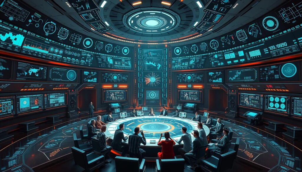 A vast, futuristic chamber filled with holographic displays, data visualizations, and advanced control interfaces. In the center, a circular table with various AI agents engaged in a lively discussion, their digital avatars flickering and morphing as they analyze complex models and scenarios. Ambient lighting casts a soft, warm glow, creating an atmosphere of thoughtful deliberation. The walls are adorned with intricate algorithms and algorithms, hinting at the sophisticated decision-making processes at work. The camera angle is slightly elevated, giving a panoramic view of the scene, conveying a sense of scale and the magnitude of the task at hand - governing the future of artificial intelligence. A vast, futuristic chamber filled with holographic displays, data visualizations, and advanced control interfaces. In the center, a circular table with various AI agents engaged in a lively discussion, their digital avatars flickering and morphing as they analyze complex models and scenarios. Ambient lighting casts a soft, warm glow, creating an atmosphere of thoughtful deliberation. The walls are adorned with intricate algorithms and algorithms, hinting at the sophisticated decision-making processes at work. The camera angle is slightly elevated, giving a panoramic view of the scene, conveying a sense of scale and the magnitude of the task at hand - governing the future of artificial intelligence.