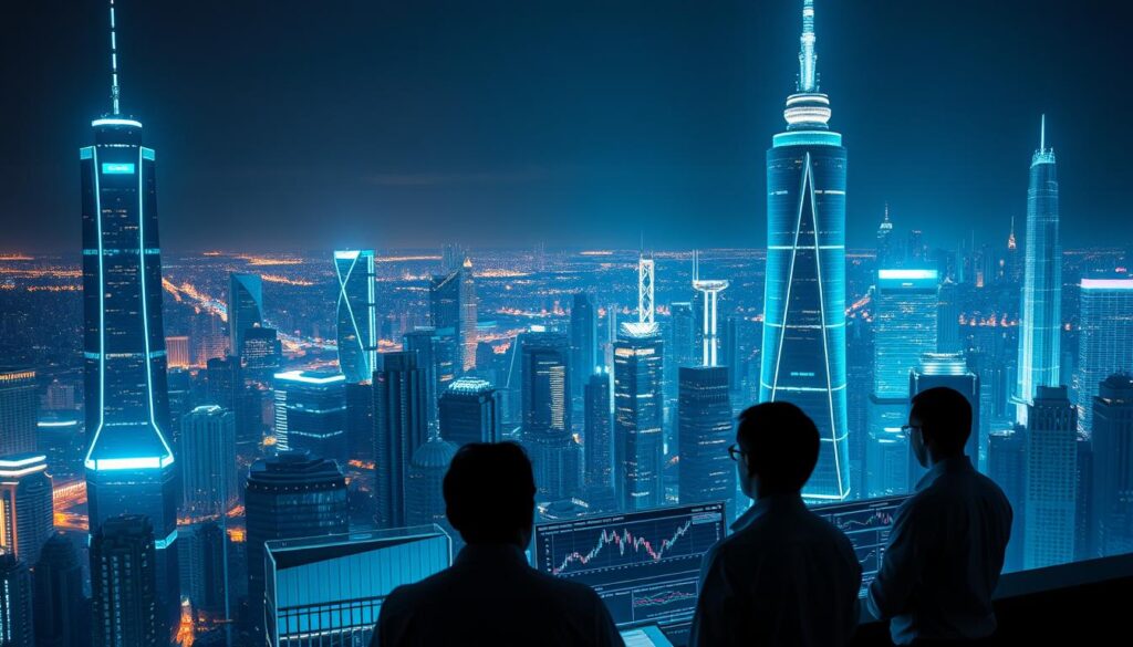 A vast, futuristic city skyline at night, dominated by towering skyscrapers and glowing holographic displays. In the foreground, a group of data analysts scrutinize detailed market charts and graphs, using advanced AI-powered tools to detect and prevent cryptocurrency market manipulation. Ambient lighting casts a cool, high-tech glow, while subtle motifs of cryptography and blockchain technology are woven throughout the scene. The overall mood is one of vigilance, innovation, and the triumph of transparency over deception.