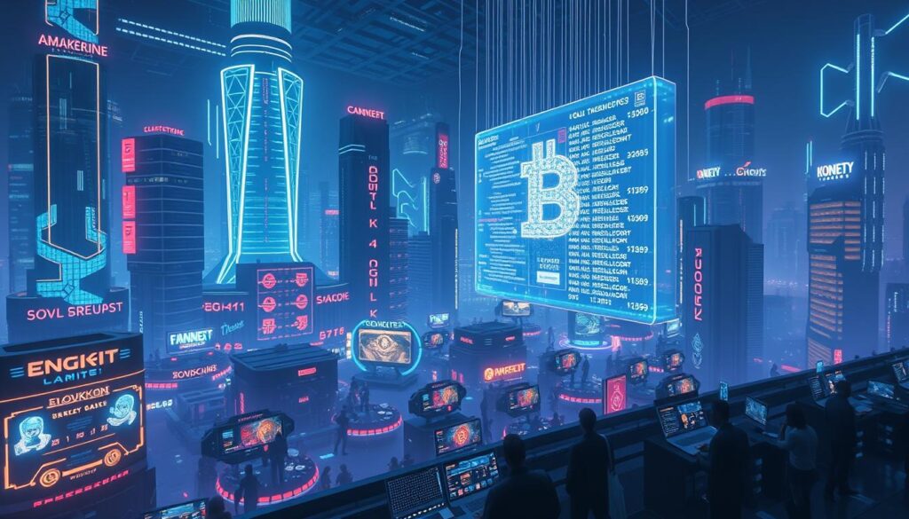 A vast, futuristic cityscape, glowing with holographic displays and neon-lit skyscrapers. In the foreground, a transparent blockchain ledger hovers, its digital transactions cascading across the screen. Amidst the bustling metropolis, players engage in a virtual world, their in-game purchases and rewards seamlessly integrated with the blockchain. The scene is bathed in a cool, cyberpunk-inspired lighting, captured through a wide-angle lens to emphasize the scale and complexity of this blockchain-powered gaming ecosystem. The overall mood conveys a sense of technological innovation, financial transparency, and the seamless fusion of the digital and physical realms. A vast, futuristic cityscape, glowing with holographic displays and neon-lit skyscrapers. In the foreground, a transparent blockchain ledger hovers, its digital transactions cascading across the screen. Amidst the bustling metropolis, players engage in a virtual world, their in-game purchases and rewards seamlessly integrated with the blockchain. The scene is bathed in a cool, cyberpunk-inspired lighting, captured through a wide-angle lens to emphasize the scale and complexity of this blockchain-powered gaming ecosystem. The overall mood conveys a sense of technological innovation, financial transparency, and the seamless fusion of the digital and physical realms.