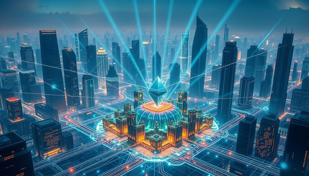 A vast, futuristic cityscape of towering skyscrapers, their sleek facades adorned with intricate circuit-like patterns. Glowing energy fields and holographic displays flicker and pulsate, creating an atmosphere of technological innovation and progress. In the foreground, a central blockchain network hub, its intricate architecture resembling a sprawling digital metropolis, surrounded by swirling data streams and pulsing energy fields. Beams of light emanate from the core, illuminating the scene with a sense of power and potential. The overall mood is one of awe-inspiring technological advancement, perfectly capturing the anticipated upgrades that will propel Ethereum's market position to new heights. A vast, futuristic cityscape of towering skyscrapers, their sleek facades adorned with intricate circuit-like patterns. Glowing energy fields and holographic displays flicker and pulsate, creating an atmosphere of technological innovation and progress. In the foreground, a central blockchain network hub, its intricate architecture resembling a sprawling digital metropolis, surrounded by swirling data streams and pulsing energy fields. Beams of light emanate from the core, illuminating the scene with a sense of power and potential. The overall mood is one of awe-inspiring technological advancement, perfectly capturing the anticipated upgrades that will propel Ethereum's market position to new heights.