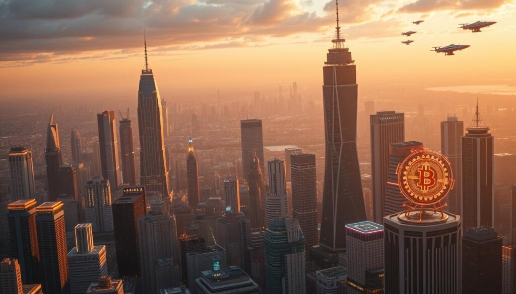 A vast, futuristic cityscape stretches out, its towering skyscrapers adorned with glowing, holographic displays. In the foreground, a sleek, AI-powered crypto lending platform operates seamlessly, its intuitive interface and advanced algorithms guiding users through personalized financial solutions. The scene is bathed in a warm, golden light, conveying a sense of optimism and progress. Floating data nodes and transparent screens hint at the integration of cutting-edge technologies, while the distant horizon is dotted with futuristic airships and drones, symbolizing the ever-evolving landscape of the crypto economy. This is the future of crypto lending, where AI-driven innovation and financial empowerment converge to reshape the way we manage our digital assets.