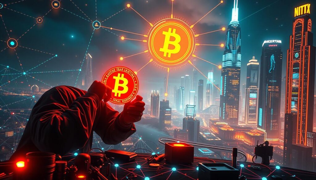 A vast, immersive blockchain landscape, with a central, glowing cryptocurrency icon representing digital art ownership. In the foreground, a digital artist meticulously crafts an NFT, their hands and tools bathed in a vibrant, neon-infused glow. The middle ground features a network of interconnected nodes, pulsing with the energy of decentralized transactions. The background showcases a towering, futuristic cityscape, its skyscrapers adorned with holographic displays showcasing digital art. The scene is illuminated by a warm, diffused lighting, creating a sense of futuristic wonder and technological advancement. The overall atmosphere evokes a harmony between creativity, technology, and the empowerment of digital artists through blockchain-based art ownership.