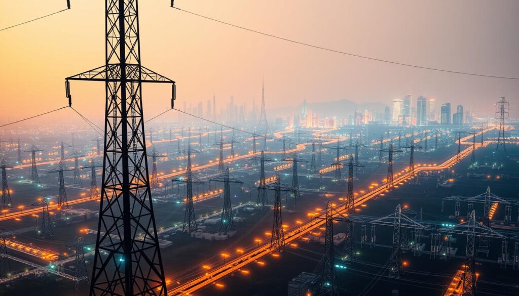 A vast, interconnected energy grid glowing with the pulse of an AI-driven optimization system. In the foreground, a towering pylon stands as a sentinel, its intricate circuitry pulsing with an ethereal light. Surrounding it, a sprawling network of transmission lines and substations, each component dynamically adjusting to fluctuations in supply and demand. In the middle ground, sleek data centers hum with the processing power required to analyze and optimize the grid's performance, their servers arrayed in geometric precision. The background fades into a hazy, futuristic cityscape, skyscrapers and towers silhouetted against a vibrant, ever-shifting aurora of energy. The scene conveys a sense of balance, efficiency, and the seamless integration of technology and infrastructure, all under the watchful gaze of an omniscient AI overseer.