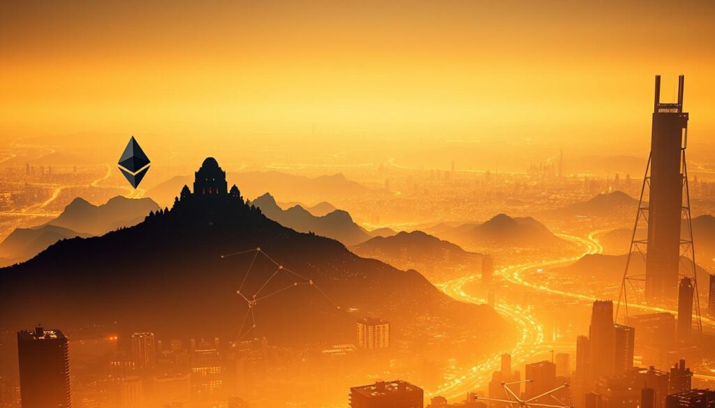 A vast landscape of prominent blockchain networks and scalability projects, each a shining beacon of innovation. In the foreground, the silhouettes of Ethereum, Solana, and Polygon rise like titans, their intricate architectures etched in sharp lines. In the middle ground, a constellation of smaller yet impactful initiatives, Avalanche, Polkadot, and Optimism, their unique protocols and scaling solutions woven together. The background fades into a hazy, futuristic cityscape, hinting at the integration of these networks into the fabric of a thriving, decentralized world. The scene is bathed in a warm, amber glow, evoking a sense of progress and technological prowess. Captured through a wide-angle lens, the image conveys the scale, interconnectedness, and transformative potential of these notable networks shaping the landscape of blockchain scalability.