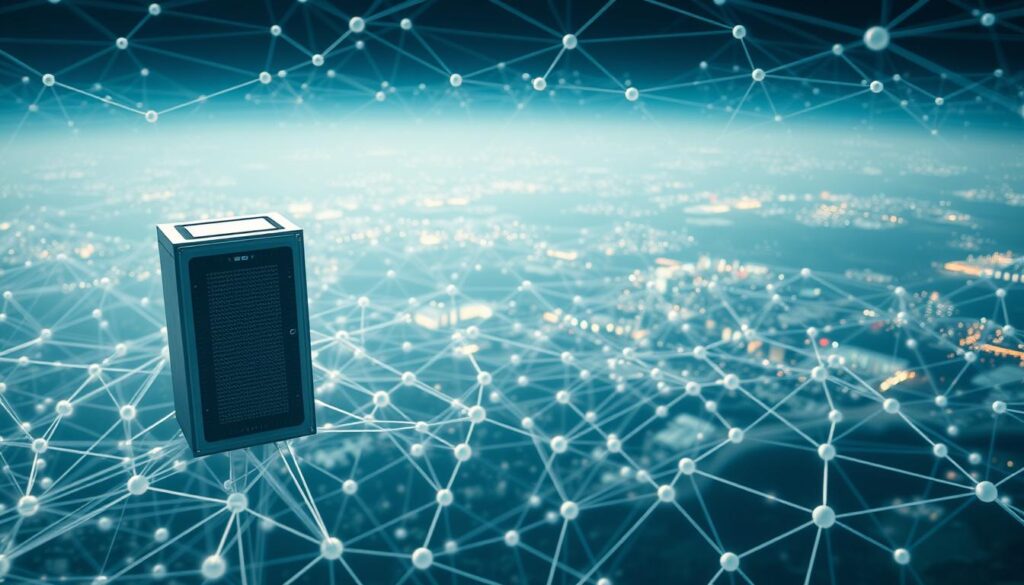 A vast network of interconnected nodes, pulsing with data flows and secured by advanced cryptography. In the foreground, a serene blockchain node, its sleek casing radiating an aura of power and stability. The middle ground reveals a complex tapestry of governance protocols, their mechanisms intricately woven to maintain the integrity of the system. In the background, a panoramic view of the network landscape, dotted with diverse validator nodes, each contributing its computational might to the collective security. Soft diffuse lighting casts a subtle glow, while a shallow depth of field emphasizes the focal points, creating a sense of depth and visual harmony. The overall atmosphere conveys a balance of technological sophistication and the tranquil resilience of a well-governed network.