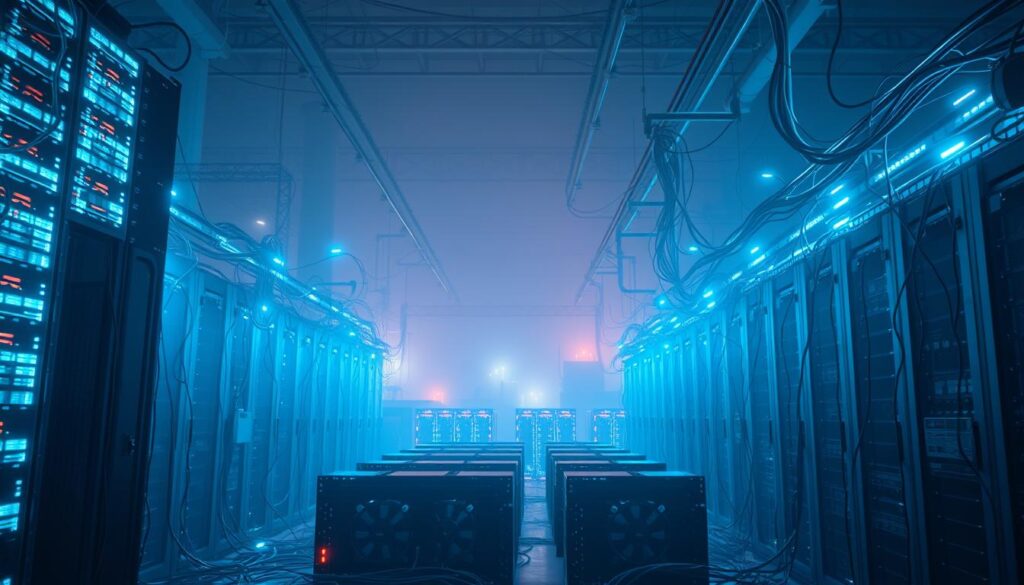 A vast network of interconnected servers, pulsing with the energy of blockchain transactions. In the foreground, a towering data center, its servers glowing with an eerie, electric hue. Cables and wires snake across the landscape, conveying the ceaseless flow of digital information. In the middle ground, a maze of servers, their fans whirring with the exertion of processing complex algorithms. The background is shrouded in a hazy, industrial atmosphere, conveying the sheer scale and power required to sustain the blockchain's insatiable appetite for energy. The scene is bathed in a cool, blue-tinted light, heightening the sense of technological intensity. This is the hidden cost of the blockchain's relentless march towards ubiquity - a stark reminder of the environmental impact of traditional NFT ecosystems.