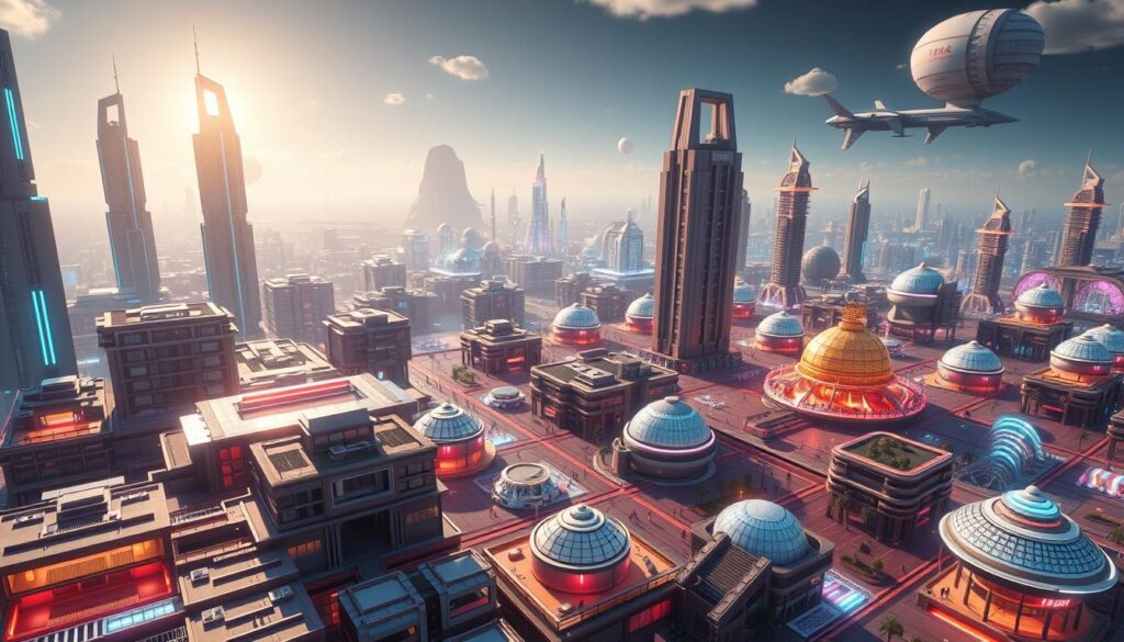 A vast virtual landscape of sleek, futuristic platforms and structures, with towering skyscrapers, holographic displays, and seamless integration of digital and physical elements. In the foreground, a network of interconnected modular homes, apartments, and commercial spaces, their facades adorned with dynamic neon accents. The middle ground features bustling holographic marketplaces, where avatars negotiate the sale of digital real estate and NFT properties. In the background, a vibrant, ever-evolving cityscape with shimmering domes, floating gardens, and transportation hubs powered by advanced renewable energy systems. The scene is bathed in a warm, ambient glow, creating an immersive, technologically advanced atmosphere that evokes the promise of the metaverse and the future of NFT property investment.