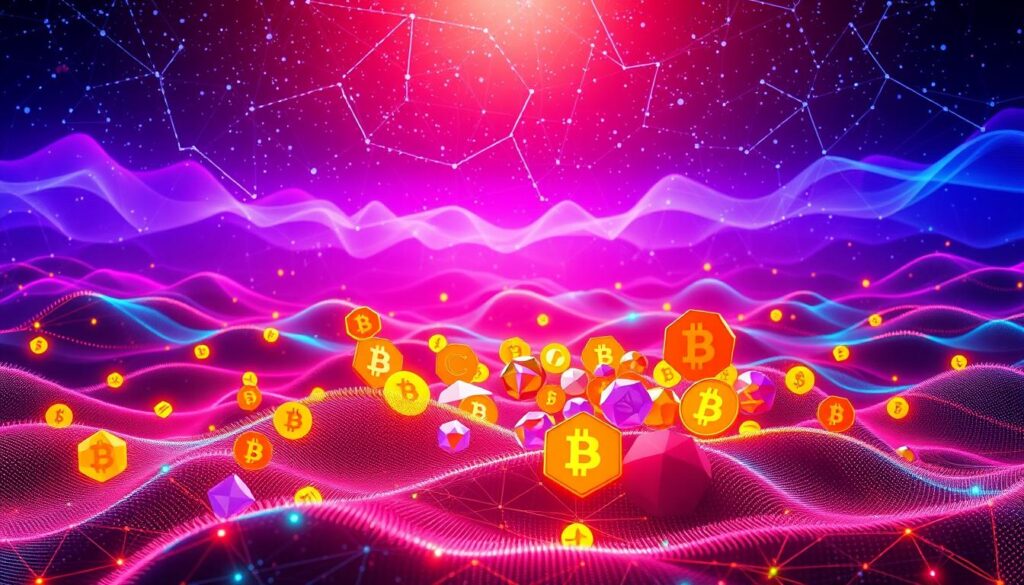 A vibrant, abstract digital landscape showcasing the diversity of cryptocurrencies. In the foreground, a cluster of luminous, geometric cryptocurrency symbols float and intersect, their faceted surfaces reflecting the dynamic, ever-changing crypto market. In the middle ground, a backdrop of undulating, neon-hued data streams and blockchain networks, pulsing with energy. The background is a vast, starry expanse, suggestive of the global, decentralized nature of the cryptocurrency ecosystem. The lighting is crisp and directional, casting dramatic shadows and highlights that accentuate the technological, futuristic aesthetic. The camera angle is slightly elevated, providing an expansive, panoramic view of this captivating crypto-verse.