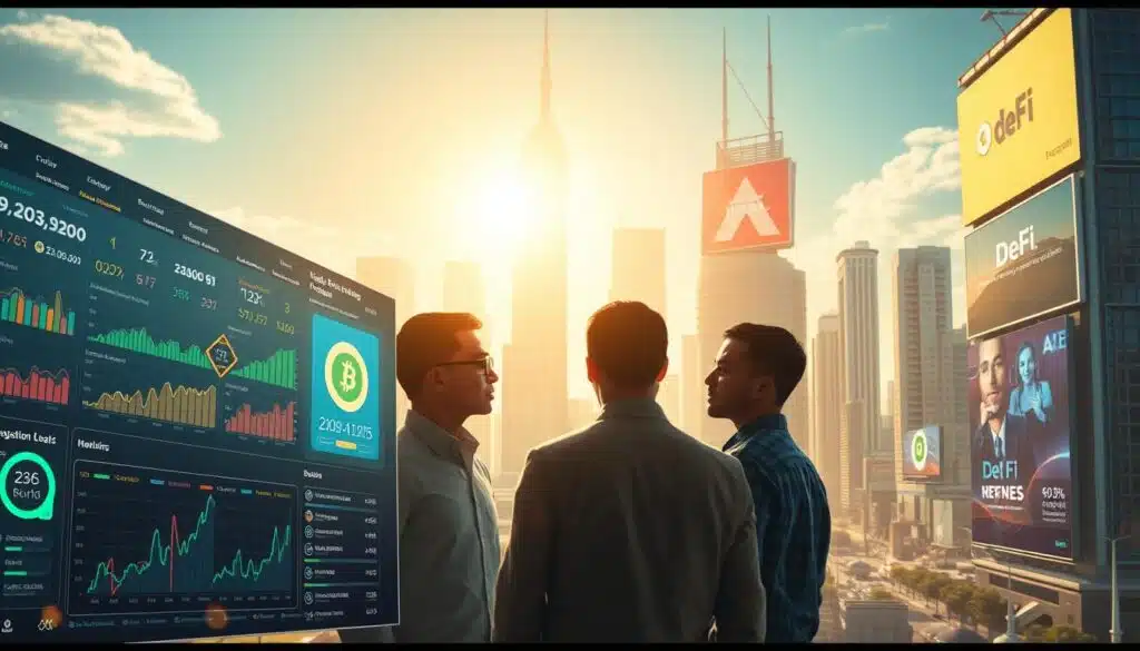 A vibrant and dynamic cryptocurrency yield farming landscape, showcasing strategies for passive income generation. The foreground features a digital dashboard displaying various yield farming protocols, with colorful charts and graphs illustrating the potential returns. In the middle ground, a group of blockchain experts discuss investment tactics, their faces partially obscured by holographic overlays. The background depicts a futuristic cityscape, with skyscrapers adorned with digital billboards promoting DeFi opportunities. The scene is illuminated by a warm, golden light, creating a sense of optimism and opportunity. The overall atmosphere evokes a sense of financial empowerment and the promise of passive income through innovative cryptocurrency yield farming techniques.