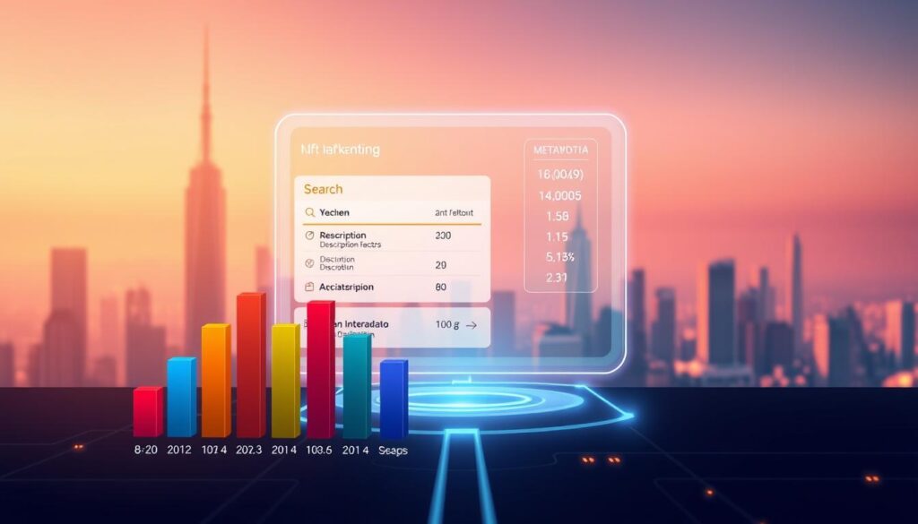 A vibrant and dynamic data visualization showcasing the importance of metadata optimization in the NFT landscape. In the foreground, a stylized bar chart depicts search rankings, with individual metadata elements like title, description, and tags represented as color-coded bars. The middle ground features a futuristic, holographic-like interface displaying a detailed breakdown of metadata factors and their relative weightage. In the background, a sleek, minimalist cityscape underscores the technological sophistication of the NFT ecosystem. Warm lighting and a subtle chromatic gradient create a sense of depth and atmosphere, emphasizing the critical role of metadata in driving visibility and discoverability for NFT creators and collectors.