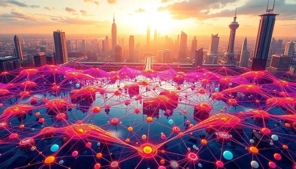 A vibrant and dynamic depiction of the DeFi ecosystem's liquidity pools. In the foreground, an intricate network of interconnected pools, each a colorful mesh of liquidity providers, trading volumes, and decentralized exchange activity. The middle ground showcases the varied financial instruments and assets that flow through these pools, creating a kaleidoscopic display of cryptocurrencies, stablecoins, and decentralized tokens. In the background, a futuristic cityscape of blockchain-powered infrastructure, with skyscrapers of smart contracts and decentralized applications towering over the landscape. Warm lighting casts a glow over the scene, conveying a sense of energy, innovation, and the seamless integration of traditional and decentralized finance. A vibrant and dynamic depiction of the DeFi ecosystem's liquidity pools. In the foreground, an intricate network of interconnected pools, each a colorful mesh of liquidity providers, trading volumes, and decentralized exchange activity. The middle ground showcases the varied financial instruments and assets that flow through these pools, creating a kaleidoscopic display of cryptocurrencies, stablecoins, and decentralized tokens. In the background, a futuristic cityscape of blockchain-powered infrastructure, with skyscrapers of smart contracts and decentralized applications towering over the landscape. Warm lighting casts a glow over the scene, conveying a sense of energy, innovation, and the seamless integration of traditional and decentralized finance.