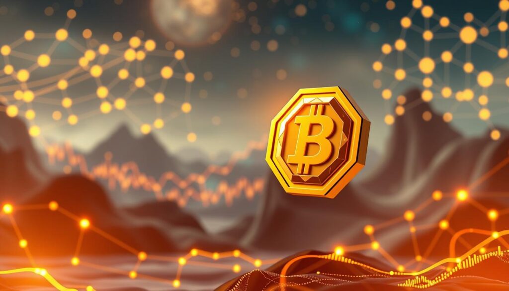 A vibrant and dynamic depiction of "tokenomics" against the backdrop of a futuristic blockchain landscape. In the foreground, a central token icon floats weightlessly, its geometric facets reflecting the intricate economic mechanisms that power the ecosystem. In the middle ground, intricate data visualizations and financial graphs flow and intersect, representing the complex token distribution, staking, and incentive structures that sustain long-term player engagement and investor confidence. The background features a glowing, abstract grid of interconnected blockchain nodes, hinting at the decentralized infrastructure that underpins the entire system. Illuminated by a warm, diffused lighting, the scene conveys a sense of balance, transparency, and technological prowess.