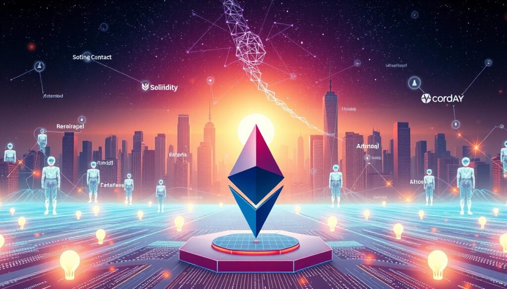 A vibrant and dynamic digital illustration showcasing a panoramic view of various types of smart contract platforms. In the foreground, a centralized Ethereum blockchain platform stands prominently, surrounded by decentralized blockchain networks like Solidity, Hyperledger, and Corda. In the middle ground, smart contract execution is visualized through glowing lines of code and autonomous agent icons. The background features a futuristic cityscape with towering skyscrapers and a starry night sky, conveying the transformative potential of blockchain automation. The scene is bathed in a warm, ethereal glow, creating a sense of technological wonder and innovation. A vibrant and dynamic digital illustration showcasing a panoramic view of various types of smart contract platforms. In the foreground, a centralized Ethereum blockchain platform stands prominently, surrounded by decentralized blockchain networks like Solidity, Hyperledger, and Corda. In the middle ground, smart contract execution is visualized through glowing lines of code and autonomous agent icons. The background features a futuristic cityscape with towering skyscrapers and a starry night sky, conveying the transformative potential of blockchain automation. The scene is bathed in a warm, ethereal glow, creating a sense of technological wonder and innovation.