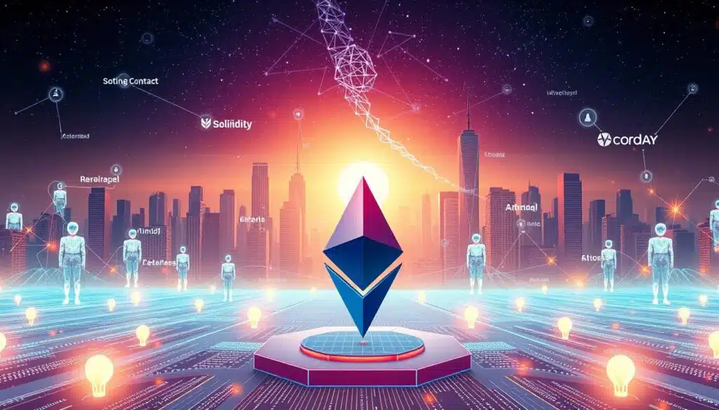 A vibrant and dynamic digital illustration showcasing a panoramic view of various types of smart contract platforms. In the foreground, a centralized Ethereum blockchain platform stands prominently, surrounded by decentralized blockchain networks like Solidity, Hyperledger, and Corda. In the middle ground, smart contract execution is visualized through glowing lines of code and autonomous agent icons. The background features a futuristic cityscape with towering skyscrapers and a starry night sky, conveying the transformative potential of blockchain automation. The scene is bathed in a warm, ethereal glow, creating a sense of technological wonder and innovation.