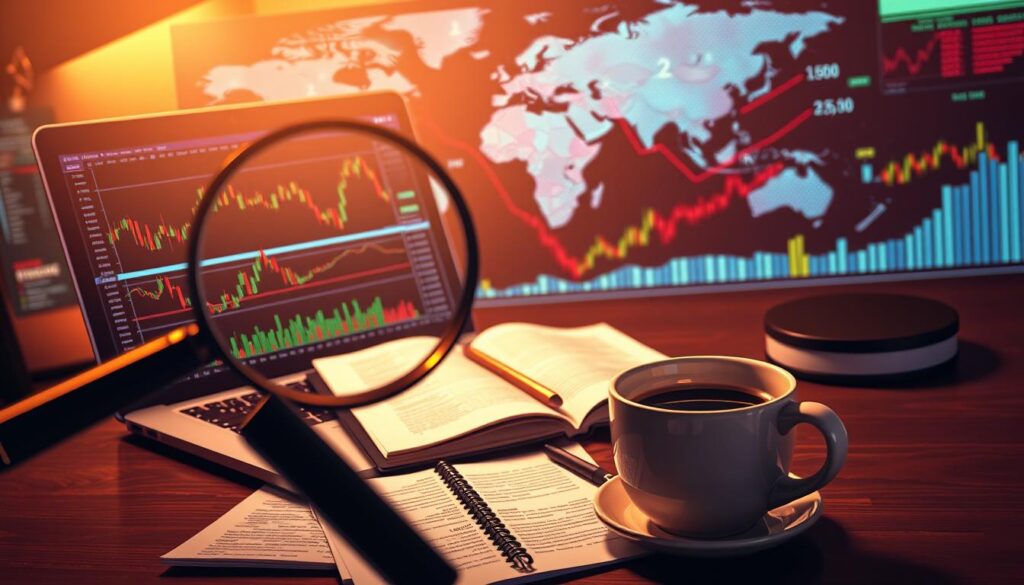 A vibrant and dynamic illustration of the fundamental concepts underlying technical indicators in crypto trading. A detailed desk setup, with a laptop displaying candlestick charts and various technical indicator visualizations. In the foreground, a magnifying glass hovers over the screen, highlighting key patterns and signals. The middle ground features an open notebook and a cup of coffee, conveying a sense of research and analysis. In the background, a world map and financial data projections create a sense of the global market context. The overall mood is one of focused intensity, with a warm, professional lighting that enhances the technical details.