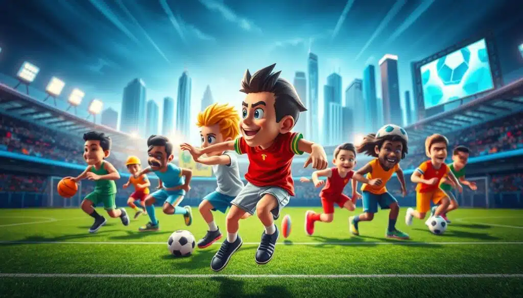 A vibrant and dynamic scene depicting the intersection of sports and profile picture (PFP) NFT trends. In the foreground, a group of colorful and expressive PFP characters are engaged in various sports activities, such as basketball, soccer, and skateboarding. The characters are rendered with a distinctive, futuristic style, reflecting the innovative and technological nature of the NFT space. In the middle ground, a backdrop of iconic sports stadiums and arenas provides a sense of scale and context, while in the background, a cityscape with towering skyscrapers and digital projections suggests the integration of these trends into the broader cultural landscape. The lighting is crisp and energetic, with dynamic shadows and reflections, conveying a sense of movement and excitement. The overall atmosphere is one of innovation, collaboration, and the blending of traditional sports and emerging digital technologies.