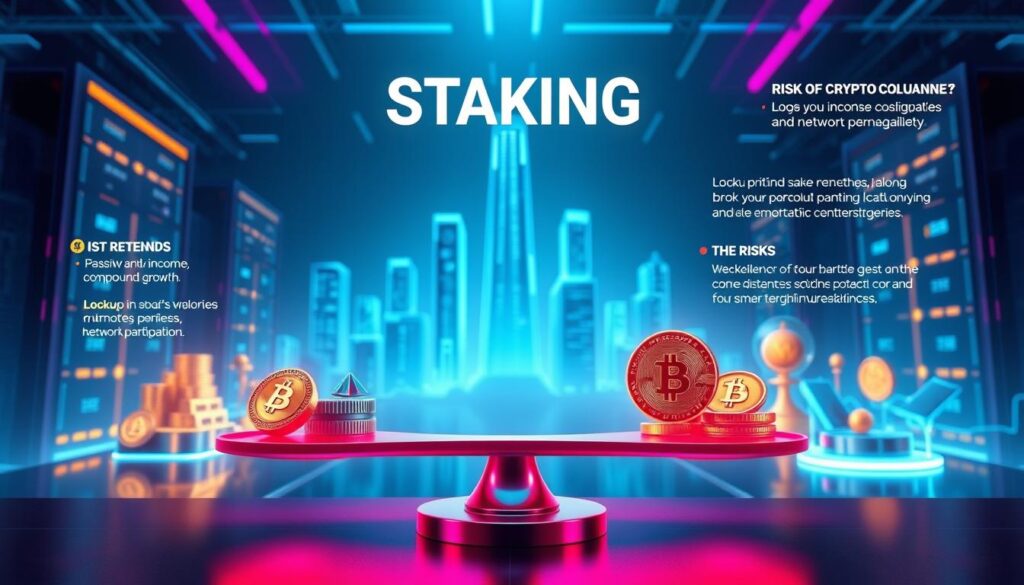 A vibrant and informative illustration showcasing the benefits and risks of staking cryptocurrency. In the foreground, a digital scale balances the potential rewards of staking - passive income, compound growth, and network participation - against the risks - lockup periods, volatility, and smart contract vulnerabilities. The middle ground features detailed 3D models of popular cryptocurrencies, their blockchain networks, and staking mechanisms. The background provides a sleek, futuristic landscape of digital finance, with towering data centers and holographic interfaces. Vibrant neon hues, sharp contrast, and cinematic lighting evoke the high-stakes, high-reward nature of the crypto staking ecosystem. A vibrant and informative illustration showcasing the benefits and risks of staking cryptocurrency. In the foreground, a digital scale balances the potential rewards of staking - passive income, compound growth, and network participation - against the risks - lockup periods, volatility, and smart contract vulnerabilities. The middle ground features detailed 3D models of popular cryptocurrencies, their blockchain networks, and staking mechanisms. The background provides a sleek, futuristic landscape of digital finance, with towering data centers and holographic interfaces. Vibrant neon hues, sharp contrast, and cinematic lighting evoke the high-stakes, high-reward nature of the crypto staking ecosystem.