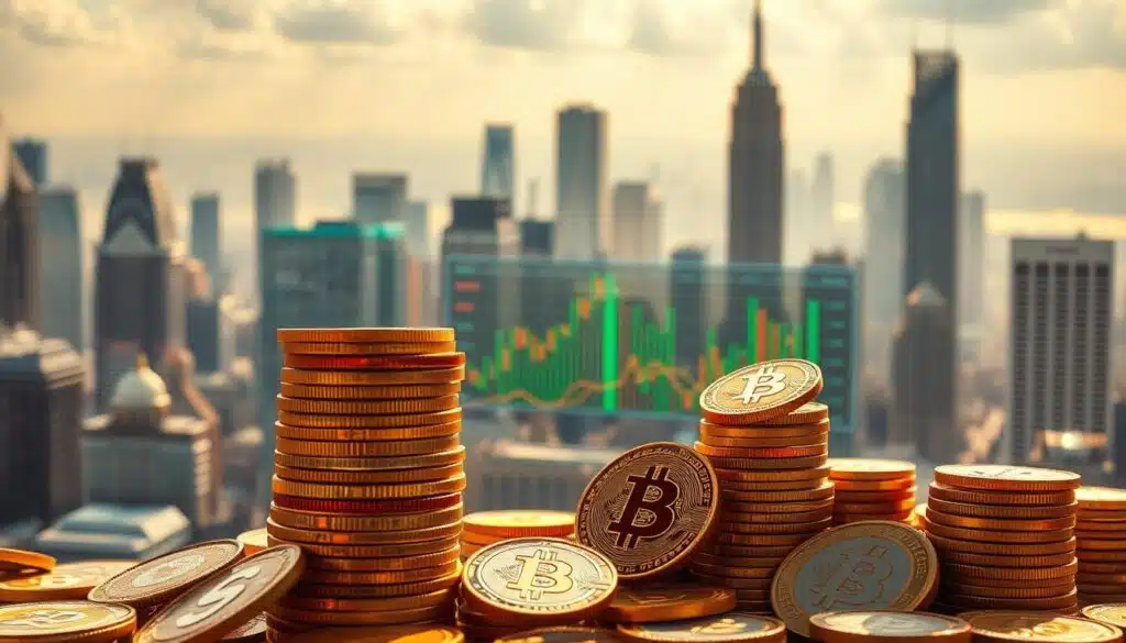 A vibrant, cinematic visualization of the key factors influencing cryptocurrency dominance. In the foreground, a stack of digital currency icons representing various cryptocurrencies, each emanating a distinct aura. In the middle ground, a dynamic data visualization dashboard showcasing market trends, trading volumes, and adoption rates. In the background, a cityscape of towering skyscrapers and financial centers, symbolizing the global infrastructure that supports the crypto ecosystem. The scene is bathed in a warm, golden light, creating a sense of opportunity and growth. The overall composition conveys the complexity and interconnectedness of the factors shaping the cryptocurrency landscape.