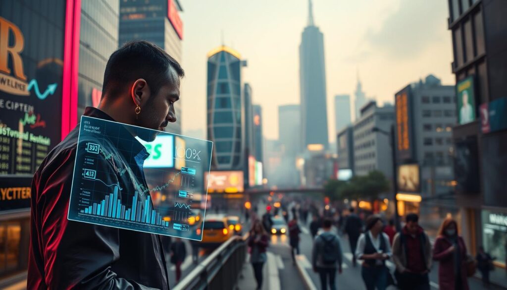 A vibrant cityscape illuminated by neon lights, reflecting off the glossy surfaces of skyscrapers. In the foreground, a crypto trader peers intently at a holographic display, navigating a digital landscape of charts, graphs, and hidden gems. The middle ground features a bustling street, with people hurrying by, immersed in their mobile devices, unaware of the financial opportunities that lurk just beneath the surface. The background is a hazy, futuristic skyline, hinting at the endless possibilities of the cryptocurrency market. Warm, muted tones create a sense of mystery and intrigue, while dramatic lighting and angles lend a cinematic quality to the scene.
