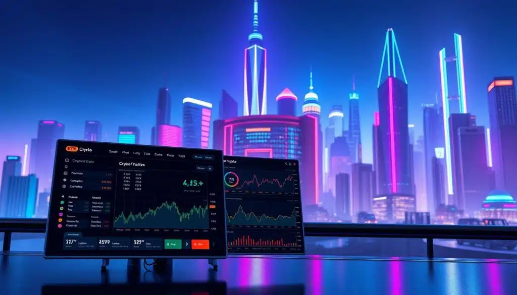 A vibrant crypto exchange platform showcasing its specialized services and unique offerings. In the foreground, a digital display highlights various crypto trading tools and features, with clean lines and a modern aesthetic. In the middle ground, a cluster of futuristic data visualizations and analytics dashboards provide in-depth market insights. The background features a sleek, minimalist cityscape with towering skyscrapers, neon-lit signage, and a vibrant atmosphere conveying the cutting-edge nature of the cryptocurrency industry. Lighting is dramatic, with a cool, neon-infused palette, creating an immersive and technologically advanced ambiance.