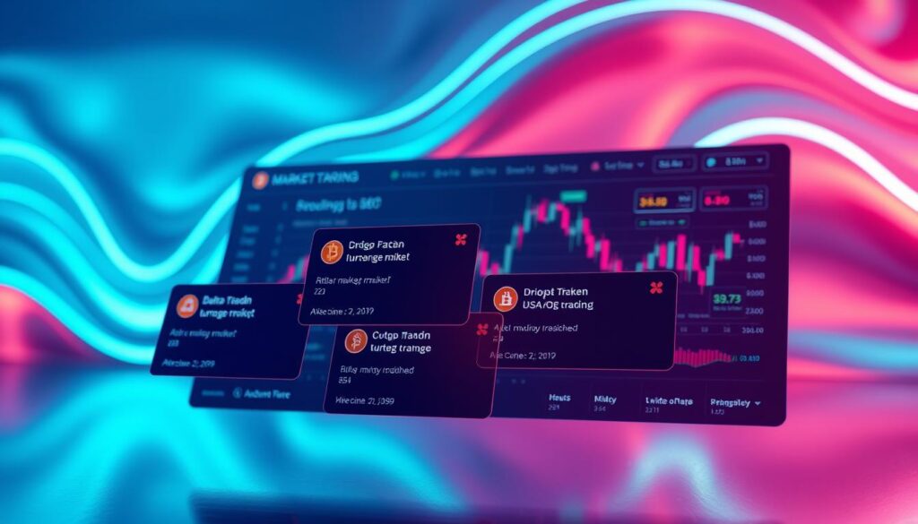 A vibrant cryptocurrency market dashboard floats against a sleek, metallic backdrop, bathed in cool, neon-tinged lighting. In the foreground, a series of push notification alerts emerge, their icons and text overlaying the display in a dynamic, attention-grabbing fashion. The notifications convey critical market updates, price movements, and trading signals, seamlessly integrating with the overall dashboard design. The composition emphasizes the importance of real-time information and alerts in the fast-paced world of cryptocurrency trading, creating a sense of urgency and immediacy. The overall mood is one of technological sophistication, financial empowerment, and the ability to stay ahead of the market.