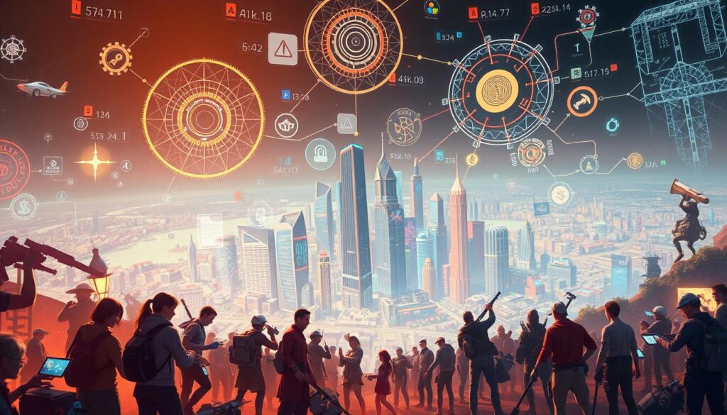 A vibrant, decentralized game economy with interlocking blockchain-powered ecosystems. In the foreground, diverse characters engage in various play-to-earn activities - mining resources, crafting items, and trading digital assets. The middle ground showcases a sprawling, futuristic metropolis, its skyscrapers and infrastructure powered by distributed ledger technology. In the background, a kaleidoscope of data visualizations and holographic projections illustrate the flow of in-game economies, with transparent value exchange and player autonomy. Warm, neon-tinged lighting and a dynamic camera angle convey a sense of innovation, collaboration, and empowerment within this decentralized gaming landscape. A vibrant, decentralized game economy with interlocking blockchain-powered ecosystems. In the foreground, diverse characters engage in various play-to-earn activities - mining resources, crafting items, and trading digital assets. The middle ground showcases a sprawling, futuristic metropolis, its skyscrapers and infrastructure powered by distributed ledger technology. In the background, a kaleidoscope of data visualizations and holographic projections illustrate the flow of in-game economies, with transparent value exchange and player autonomy. Warm, neon-tinged lighting and a dynamic camera angle convey a sense of innovation, collaboration, and empowerment within this decentralized gaming landscape.