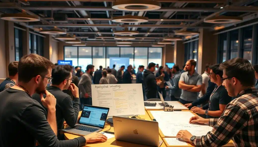 A vibrant developer community gathering, with programmers engaged in lively discussions and collaboration. In the foreground, a group of developers huddle around a table, laptops open and whiteboards filled with code snippets and architectural diagrams. The middle ground features a larger crowd, exchanging ideas and providing guidance to each other. In the background, a modern, well-lit event space with sleek furniture and large windows, creating an atmosphere of innovation and productivity. Warm lighting casts a glow over the scene, and the overall mood is one of shared purpose, camaraderie, and a collective drive to build something remarkable.