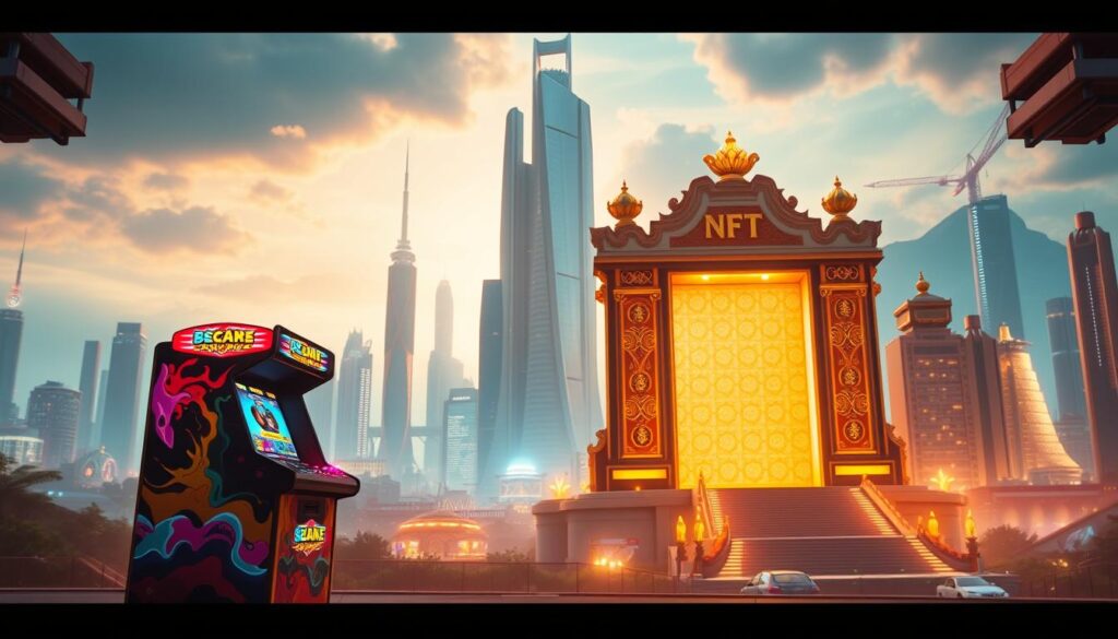 A vibrant digital landscape contrasting the free-to-play and play-to-earn gaming models. In the foreground, a colorful arcade cabinet symbolizes the free-to-play experience, with flashing lights and energetic gameplay. In the middle ground, a grand golden gateway represents the play-to-earn model, adorned with intricate NFT designs. The background features a futuristic cityscape, with towering skyscrapers and a gleaming technological infrastructure. The scene is bathed in a warm, cinematic lighting, creating a sense of depth and drama. The overall composition conveys the duality of these two gaming approaches, inviting the viewer to explore the rewards and challenges of each.