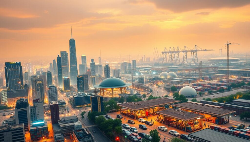 A vibrant digital landscape, with various real-world applications of digital utility tokens seamlessly integrated. In the foreground, a bustling city skyline with skyscrapers and modern architecture, showcasing how utility tokens power smart city infrastructure and municipal services. In the middle ground, a bustling marketplace where vendors and consumers exchange goods using frictionless utility token transactions. In the background, a sprawling industrial complex, highlighting how utility tokens streamline supply chain operations and enable transparent, secure, and efficient asset tracking. The scene is illuminated by warm, diffused lighting, creating a sense of energy and innovation. The overall atmosphere conveys the transformative potential of utility tokens in revolutionizing various industries and improving daily life. A vibrant digital landscape, with various real-world applications of digital utility tokens seamlessly integrated. In the foreground, a bustling city skyline with skyscrapers and modern architecture, showcasing how utility tokens power smart city infrastructure and municipal services. In the middle ground, a bustling marketplace where vendors and consumers exchange goods using frictionless utility token transactions. In the background, a sprawling industrial complex, highlighting how utility tokens streamline supply chain operations and enable transparent, secure, and efficient asset tracking. The scene is illuminated by warm, diffused lighting, creating a sense of energy and innovation. The overall atmosphere conveys the transformative potential of utility tokens in revolutionizing various industries and improving daily life.
