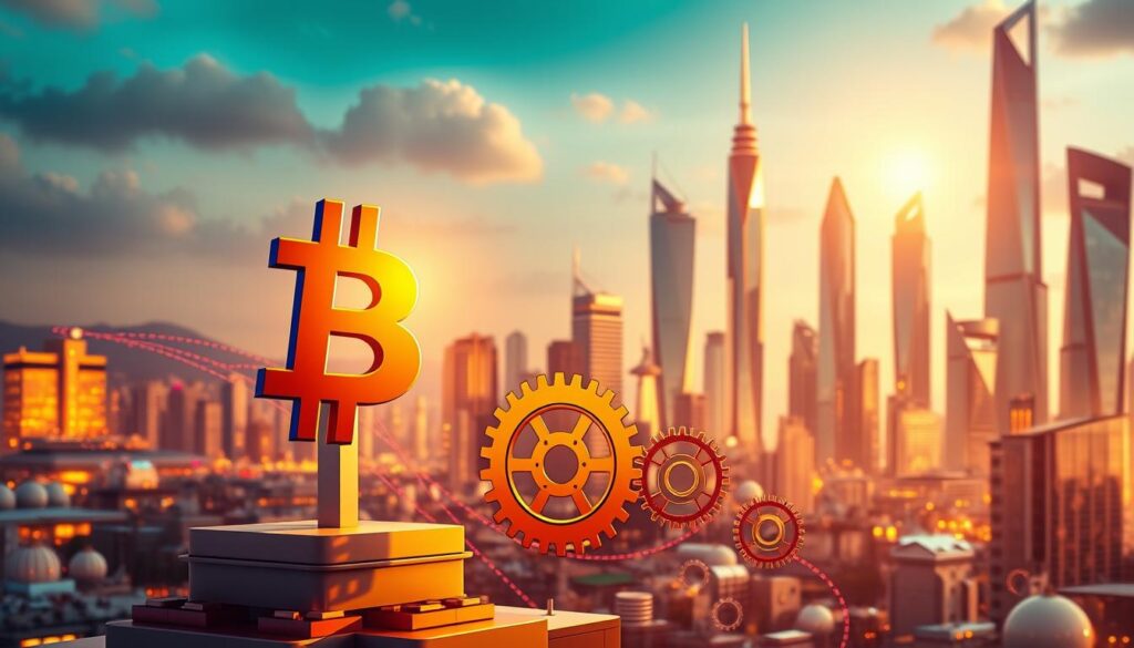 A vibrant, dynamic composition capturing the synergies across the crypto sector. In the foreground, a stylized cryptocurrency symbol stands tall, representing the convergence of decentralized finance, non-fungible tokens, and blockchain-powered gaming. In the middle ground, a series of interconnected gears and cogs illustrate the intricate mechanisms underlying cross-sector integration. The background features a futuristic cityscape, its skyline dominated by towering, geometric structures that symbolize the cutting-edge technology driving the crypto industry's growth. Warm, golden lighting casts a sense of optimism and opportunity, while the overall aesthetic blends digital minimalism with a touch of industrial chic. The composition conveys the strategic potential of navigating the interconnected crypto market landscape.