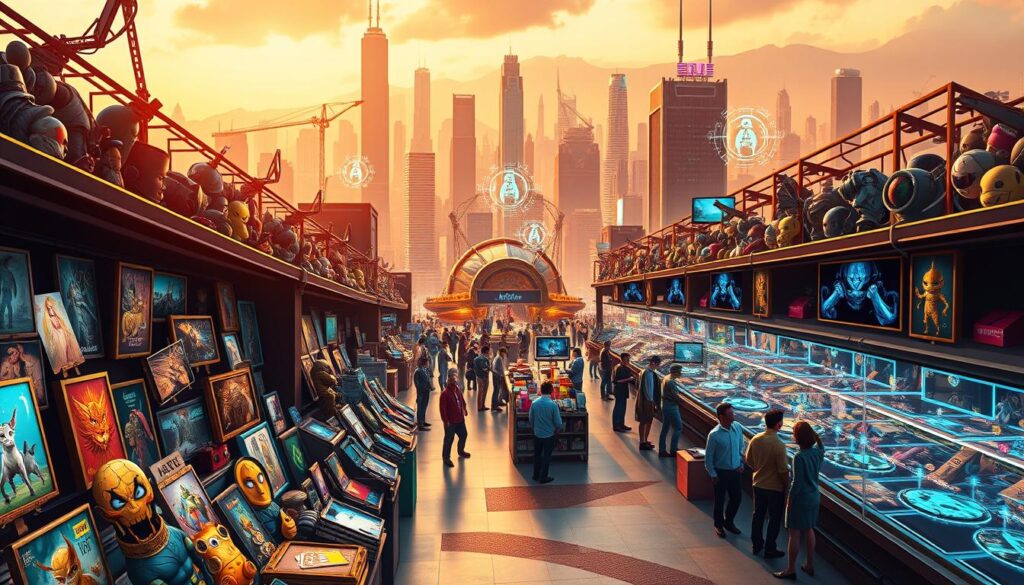 A vibrant, dynamic scene depicting the surging popularity and ever-evolving trends of the NFT market. In the foreground, a diverse array of digital artworks and collectibles are displayed prominently, showcasing the remarkable creativity and innovation that has captivated the global audience. The middle ground features a bustling marketplace, with buyers and sellers engaged in animated discussions, highlighting the thriving community that has emerged around NFTs. In the background, a futuristic cityscape with towering skyscrapers and holographic displays symbolizes the integration of blockchain technology into the fabric of our digital lives. The scene is bathed in a warm, saturated color palette, conveying a sense of excitement and optimism surrounding the continued growth and adoption of NFTs. A vibrant, dynamic scene depicting the surging popularity and ever-evolving trends of the NFT market. In the foreground, a diverse array of digital artworks and collectibles are displayed prominently, showcasing the remarkable creativity and innovation that has captivated the global audience. The middle ground features a bustling marketplace, with buyers and sellers engaged in animated discussions, highlighting the thriving community that has emerged around NFTs. In the background, a futuristic cityscape with towering skyscrapers and holographic displays symbolizes the integration of blockchain technology into the fabric of our digital lives. The scene is bathed in a warm, saturated color palette, conveying a sense of excitement and optimism surrounding the continued growth and adoption of NFTs.