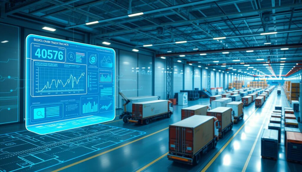 A vibrant, futuristic blockchain supply chain tracking system unfolds in a sleek, high-tech setting. In the foreground, a 3D holographic display showcases real-time data analytics, with dynamic visualizations of product movements, inventory levels, and verification checkpoints. The middle ground features a network of interconnected smart devices, sensors, and scanners seamlessly exchanging information across the decentralized blockchain. In the background, a panoramic view of a modern logistics hub bustles with automated vehicles, robotic handlers, and gleaming warehouse facilities - all working in harmony to ensure end-to-end supply chain transparency and traceability. Soft, directional lighting accentuates the crisp, minimalist aesthetic, conveying a sense of efficiency, security, and technological innovation.