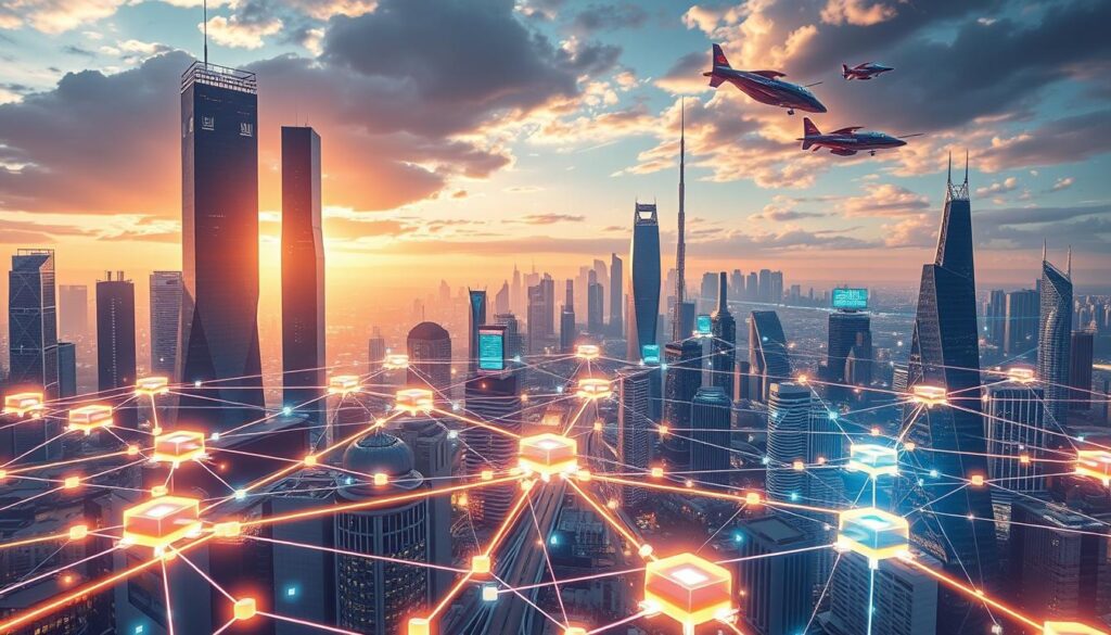 A vibrant, futuristic cityscape with towering skyscrapers and gleaming high-tech infrastructure. In the foreground, a network of blockchain nodes, represented by glowing cubes, interconnect seamlessly. Streams of data flow between them, visualized as shimmering holographic threads. In the middle ground, augmented reality displays showcase dynamic financial transactions and supply chain operations powered by enterprise blockchain solutions. The background features a stunning skyline, with sleek, angular architecture and flying vehicles, all bathed in a warm, futuristic glow. The scene conveys a sense of innovation, efficiency, and the boundless potential of blockchain technology to transform the business landscape. A vibrant, futuristic cityscape with towering skyscrapers and gleaming high-tech infrastructure. In the foreground, a network of blockchain nodes, represented by glowing cubes, interconnect seamlessly. Streams of data flow between them, visualized as shimmering holographic threads. In the middle ground, augmented reality displays showcase dynamic financial transactions and supply chain operations powered by enterprise blockchain solutions. The background features a stunning skyline, with sleek, angular architecture and flying vehicles, all bathed in a warm, futuristic glow. The scene conveys a sense of innovation, efficiency, and the boundless potential of blockchain technology to transform the business landscape.