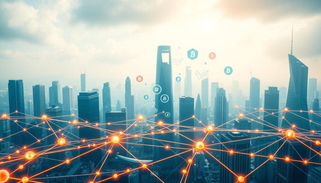 A vibrant, futuristic cityscape with towering skyscrapers and sleek, high-tech infrastructure. In the foreground, a complex web of interconnected chains and nodes, representing the intricate web of cross-chain integration. The chains are lit by a warm, ethereal glow, casting dynamic shadows across the scene. In the middle ground, various blockchain logos and symbols float, representing the diverse blockchain ecosystems. The background is shrouded in a hazy, holographic atmosphere, suggesting the complexity and scale of the integration challenges. The overall mood is one of technological advancement, innovation, and the ever-increasing need for seamless interoperability in the blockchain space.
