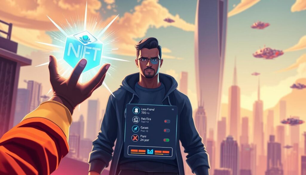 A vibrant, futuristic illustration showcasing the benefits of NFT asset ownership. In the foreground, a gamer holds a glowing, holographic representation of an NFT game item, radiating with power and value. The middle ground features a sleek, minimalist user interface, highlighting the unique properties and provenance of the NFT. In the background, a cityscape of towering skyscrapers and floating vehicles sets the scene, conveying a sense of technological advancement and the integration of blockchain-based assets into the digital landscape. Warm, saturated lighting casts an optimistic glow, emphasizing the empowering and lucrative nature of NFT-based gaming.