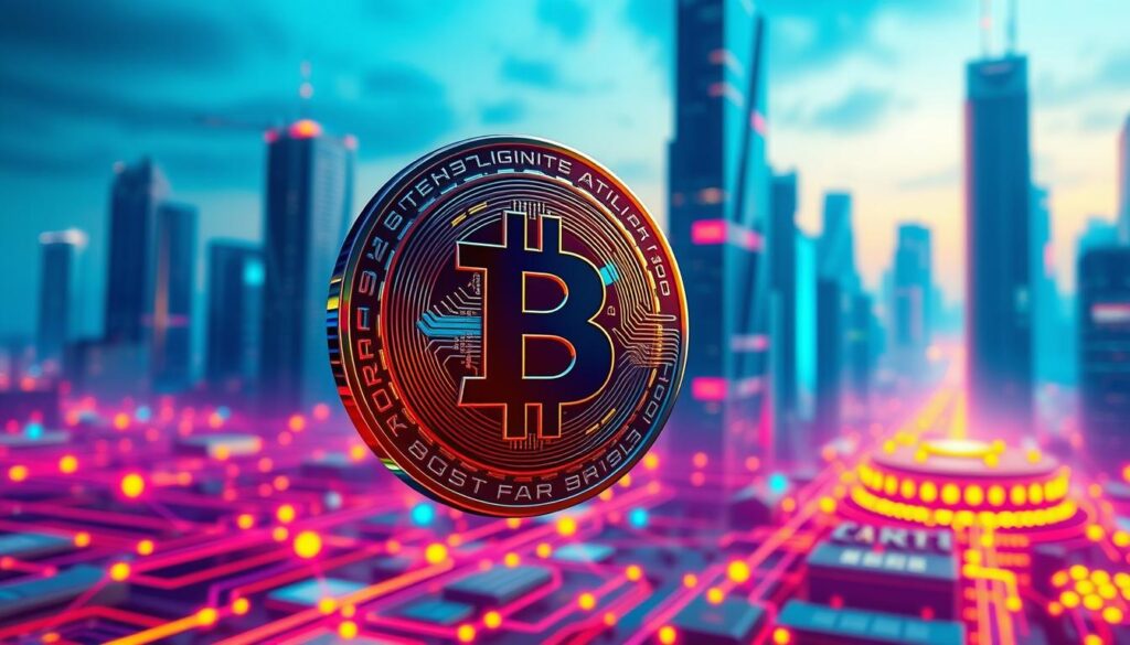 A vibrant, futuristic rendering of a utility token against a dynamic backdrop. In the foreground, a sleek, metallic crypto token hovers, its surface reflecting a spectrum of digital hues. The middle ground features a network of interconnected nodes and circuits, pulsing with energy. In the background, a cityscape of towering skyscrapers and holographic displays creates a sense of technological advancement. The lighting is a balanced mix of warm and cool tones, highlighting the token's advanced functionality and the underlying blockchain infrastructure. The overall atmosphere conveys a sense of innovation, efficiency, and the transformative potential of utility tokens within the cryptocurrency ecosystem.